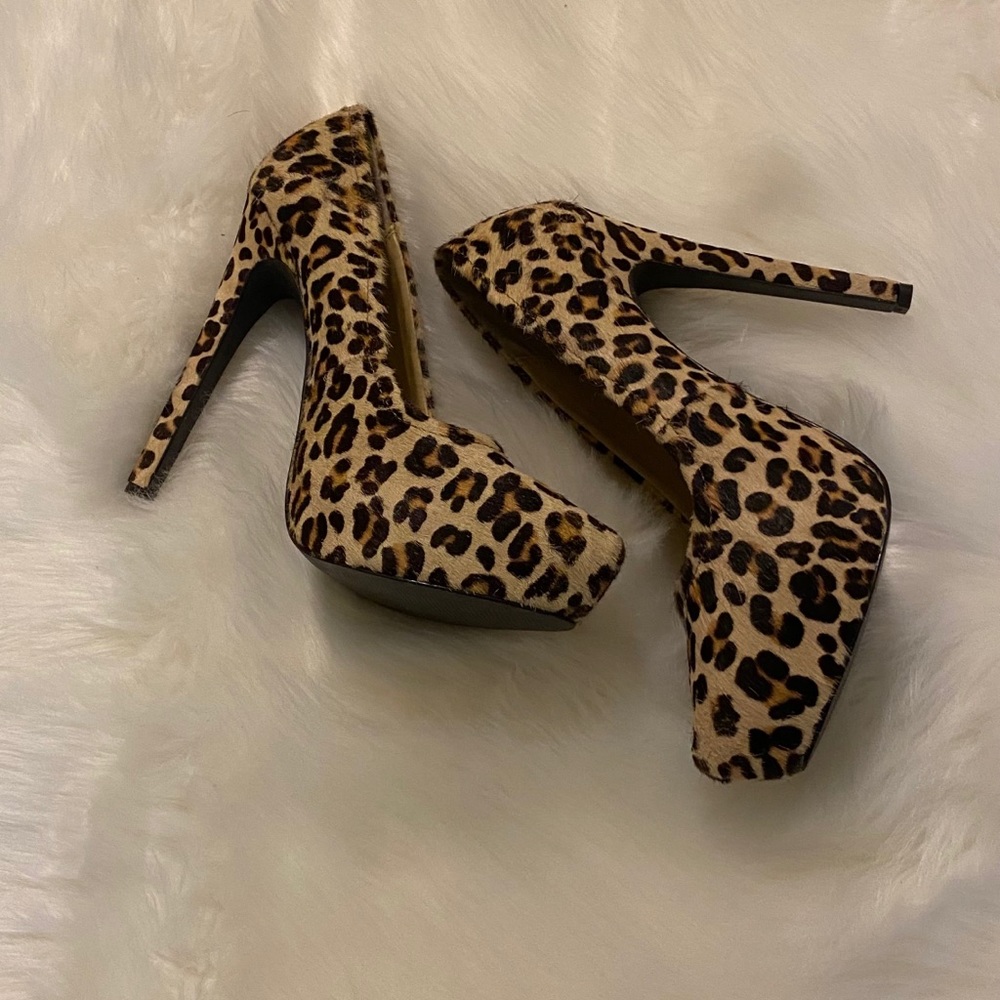 Platform leopard print sheepskin heels
